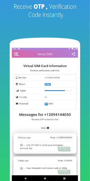 Temp SMS - Temporary Numbers স্ক্রিনশট 2