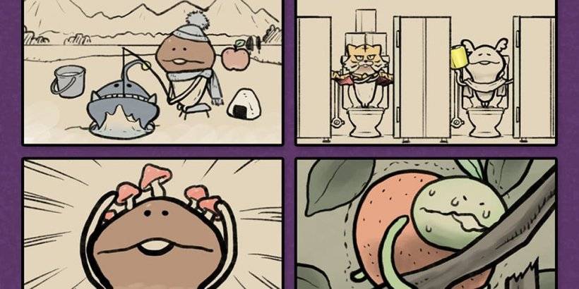 4 개의 패널. 왼쪽 상단은 얼음에 작은 구멍을 통해 큰 물고기를 얻으려고 노력하는 버섯을 보여줍니다. 오른쪽 상단은 화장지를 들고 화장실에서 화장실에 버섯을 보여줍니다. 왼쪽 바닥에는 머리에 작은 버섯이 작은 버섯을 보여줍니다. 오른쪽 하단은 지점에서 오렌지를 밀 으려는 녹색 버섯을 보여줍니다.