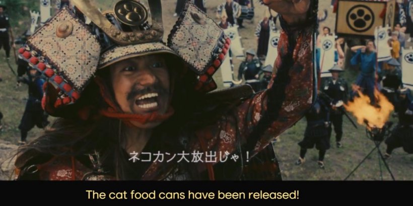 A samurai dramatically announces the release of cat food cans