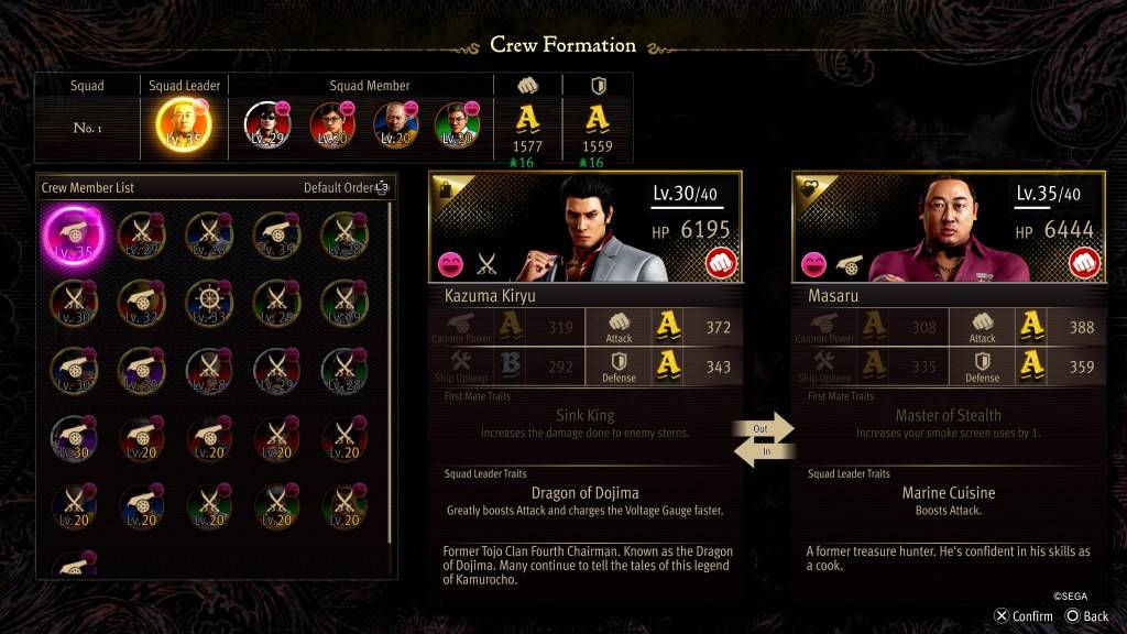 A tela de estatísticas de formação da tripulação para Masaru em como um dragão: pirata yakuza no Havaí
