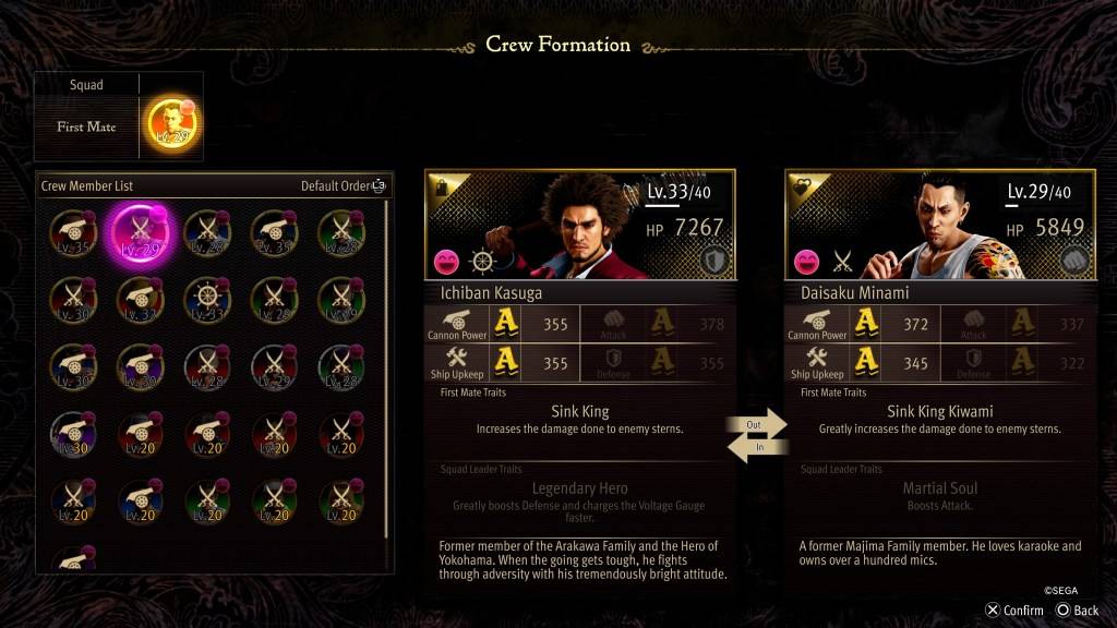 A tela de estatísticas de formação da tripulação para Minami em como um dragão: pirata yakuza no Havaí