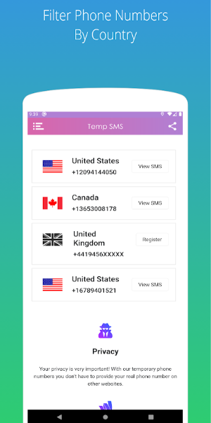 Temp SMS - Temporary Numbers স্ক্রিনশট 1