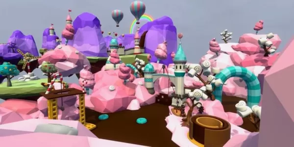 Human Fall Flat Candyland level featuring chocolate rivers and cotton candy clouds