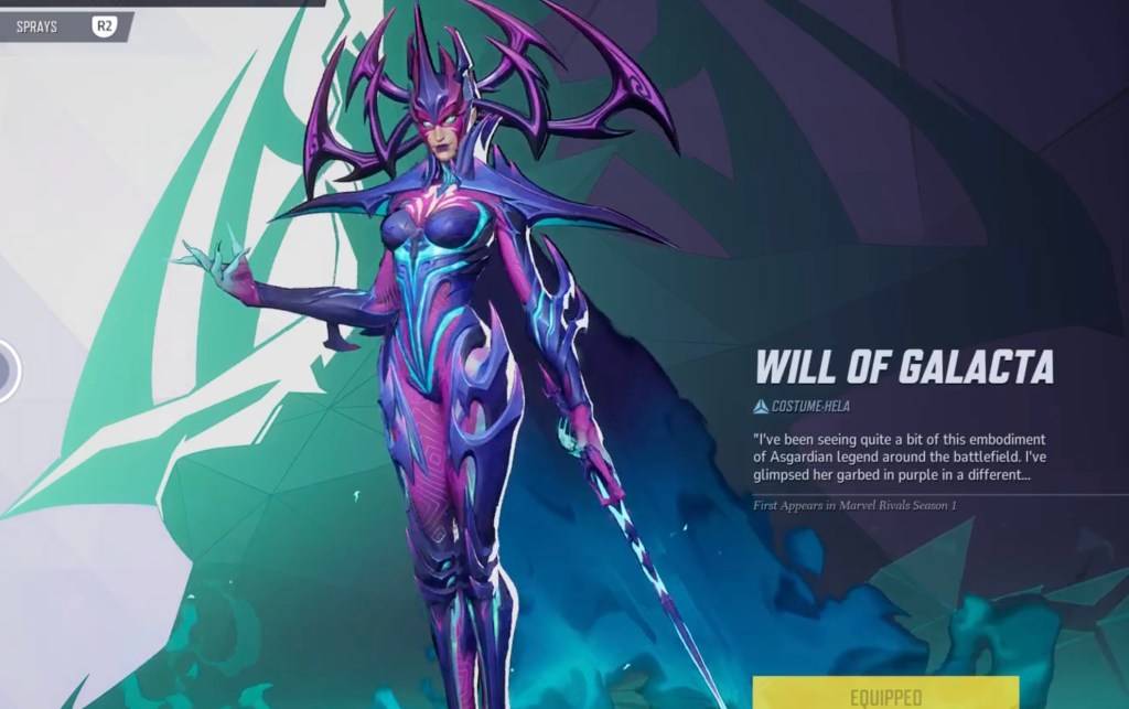 Hela em sua vontade de Galacta Skin no menu de seleção como parte de um artigo sobre skins gratuitos da Marvel Rivals.