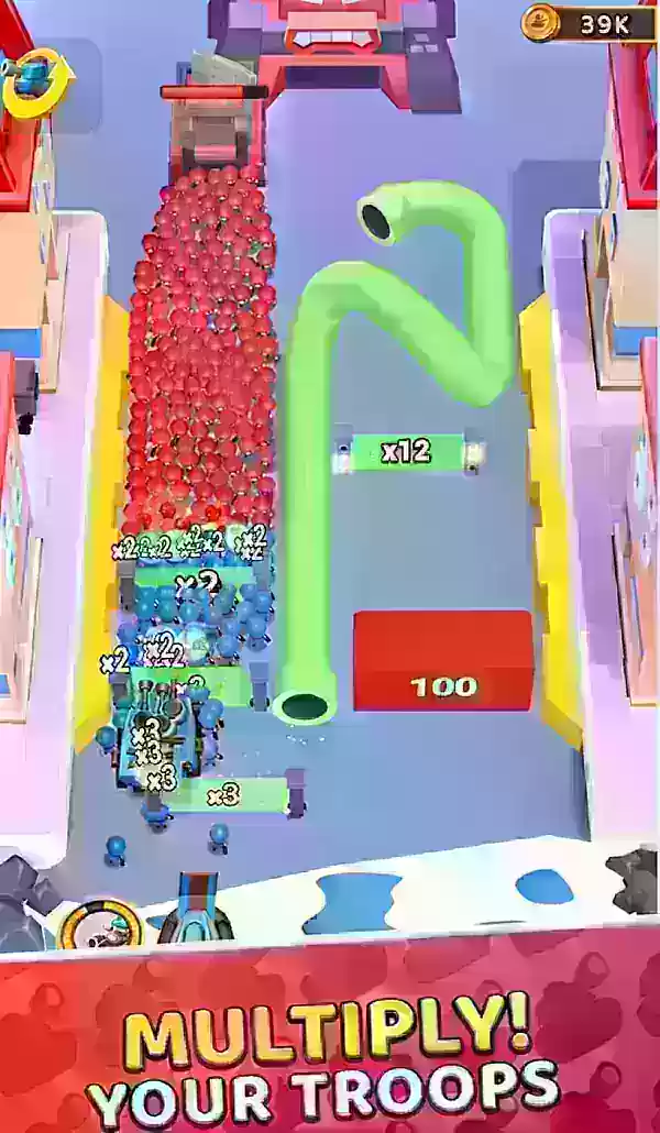 Grunt Rush屏幕截圖顯示藍色單元穿過乘數門。