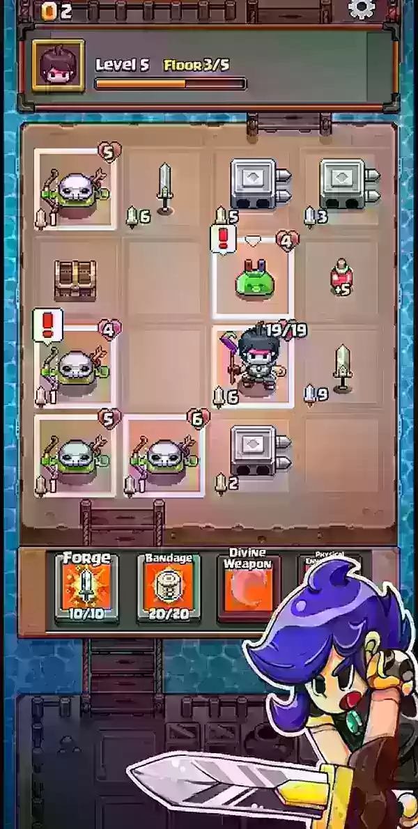 Grid Expedition gameplay screenshot featuring a blue-haired anime-style warrior with grid-based combat unfolding in the background