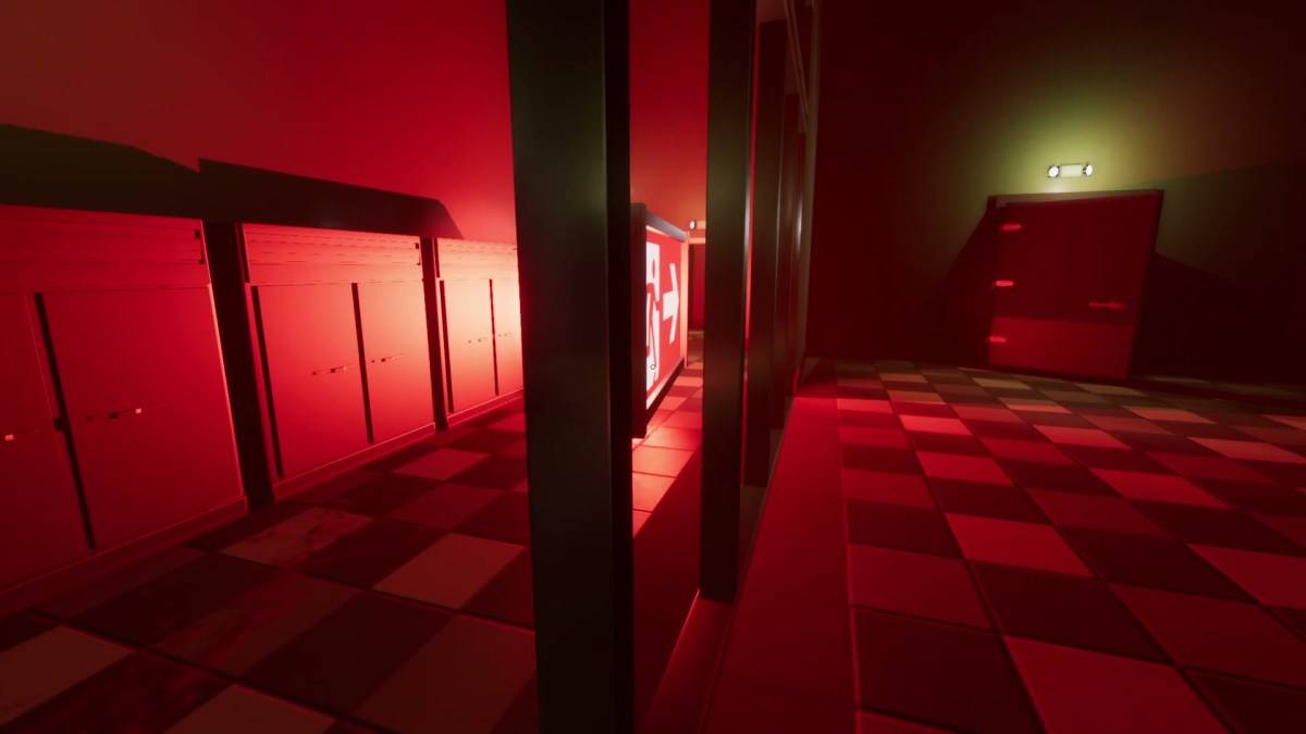 Una grande stanza illuminata da un rosso gigantesco esiste un cartello in superlliminale.