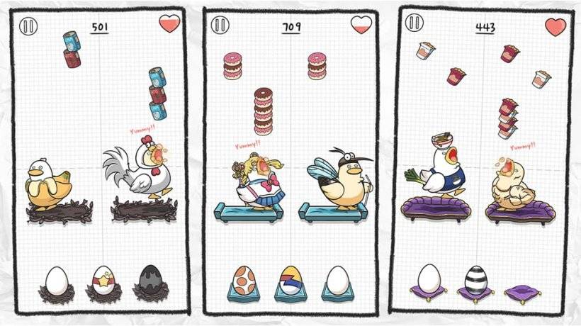 鴨子鎮遊戲玩法的圖片顯示出降落的食物，朝各種穿著不同的鴨子，有些在角色扮演中