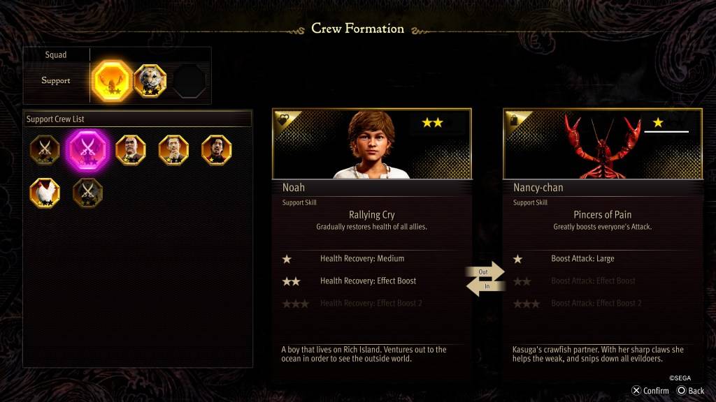 A tela de estatísticas de formação da tripulação para Nancy-chan em como um dragão: pirata yakuza no Havaí