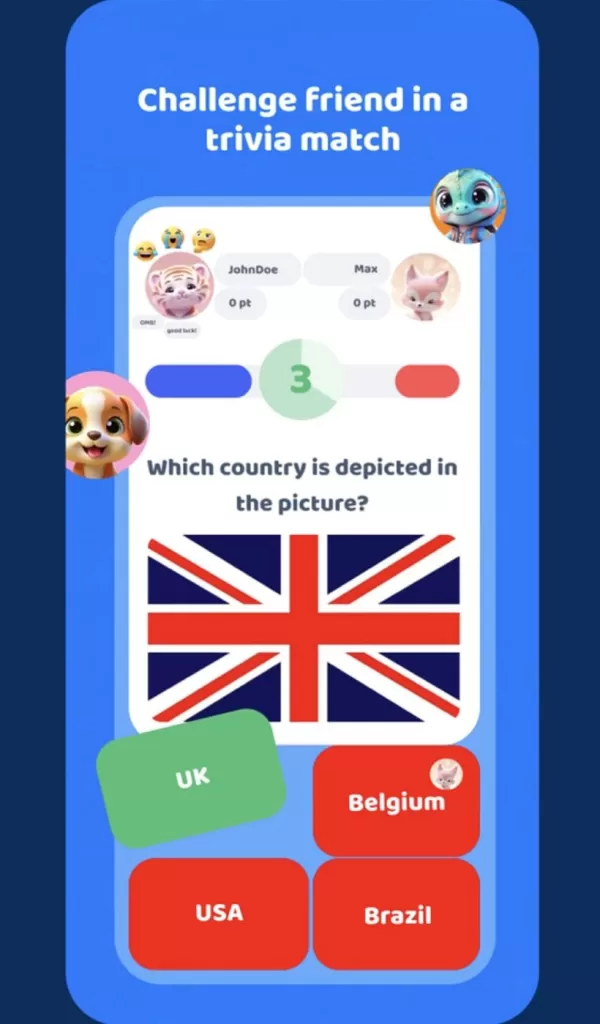 Uno screenshot che mostra varie opzioni di risposta relative all'identificazione dei paesi in base alle loro bandiere all'interno dell'app.