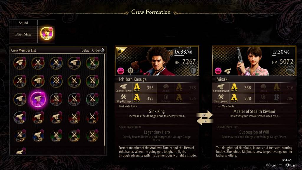 A tela de estatísticas de formação da tripulação para misaki como um dragão: pirata yakuza no Havaí