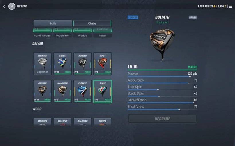 PGA Tour Pro打高爾夫球菜單的屏幕截圖，展示了各種俱樂部和裝備以升級到