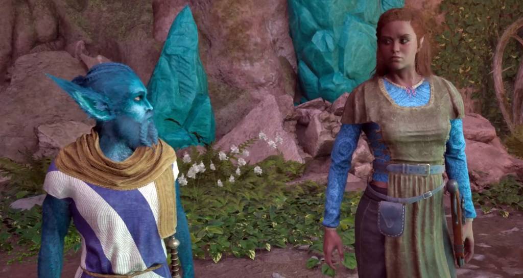 一幅顯示Garryck和Ilora用宣傳的圖像作為指南的一部分,說明您是否應該釋放她。