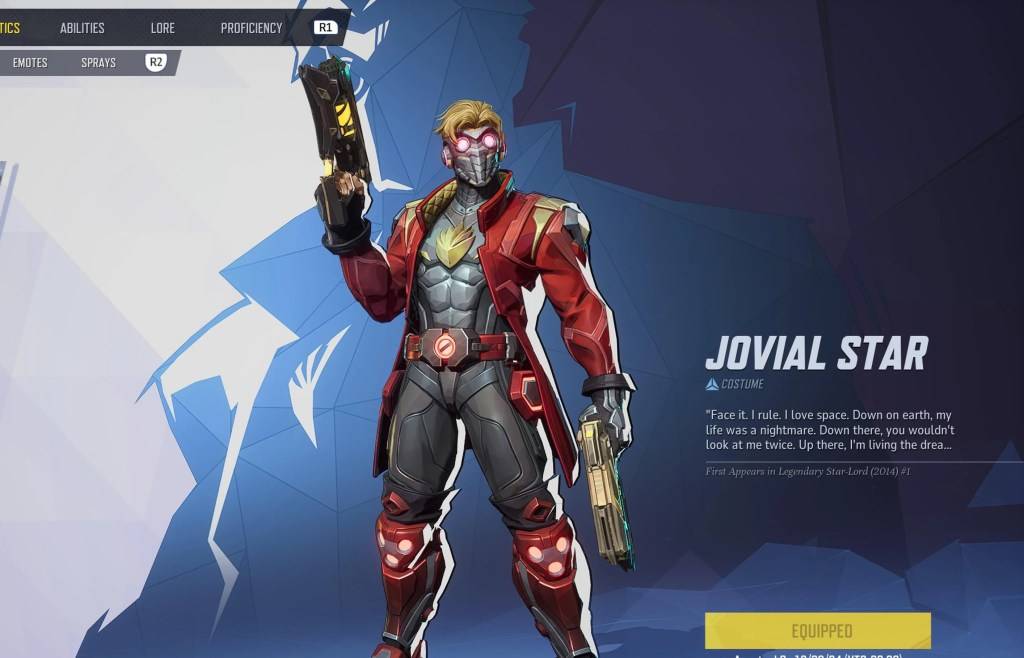 Star-senhor em sua pele estrela jovial no menu de seleção como parte de um artigo sobre skins gratuitos da Marvel Rivals.