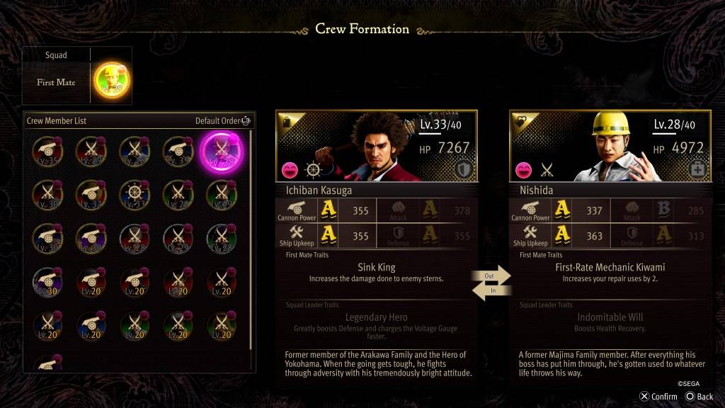 A tela de estatísticas de formação da tripulação para Nishida em como um dragão: pirata yakuza no Havaí