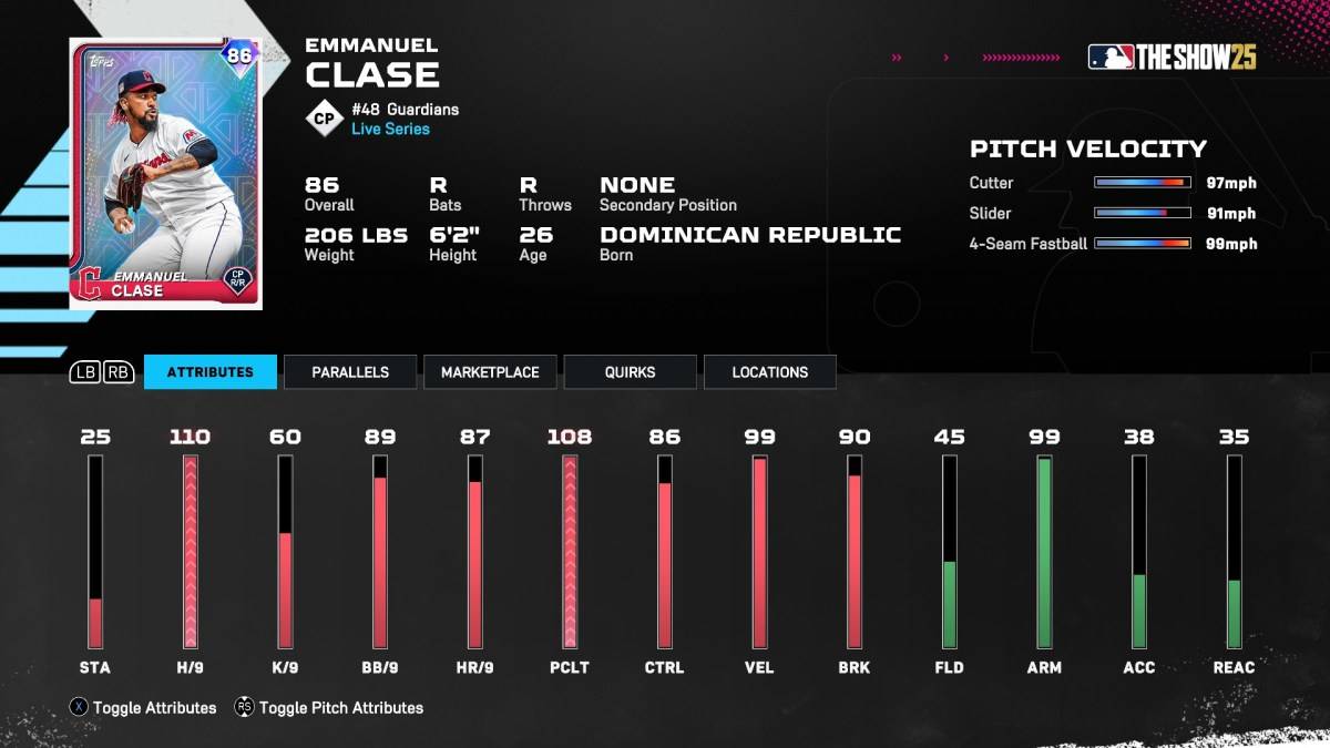 Cartão de Diamante de Diamante Emmanuel CLASE na MLB The Show 25.
