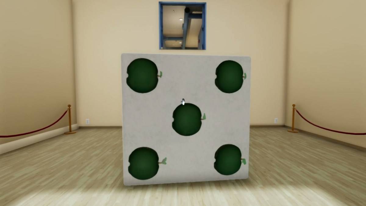 Un dadi giganteschi vicino a una porta, in una galleria d'arte in superliminale.