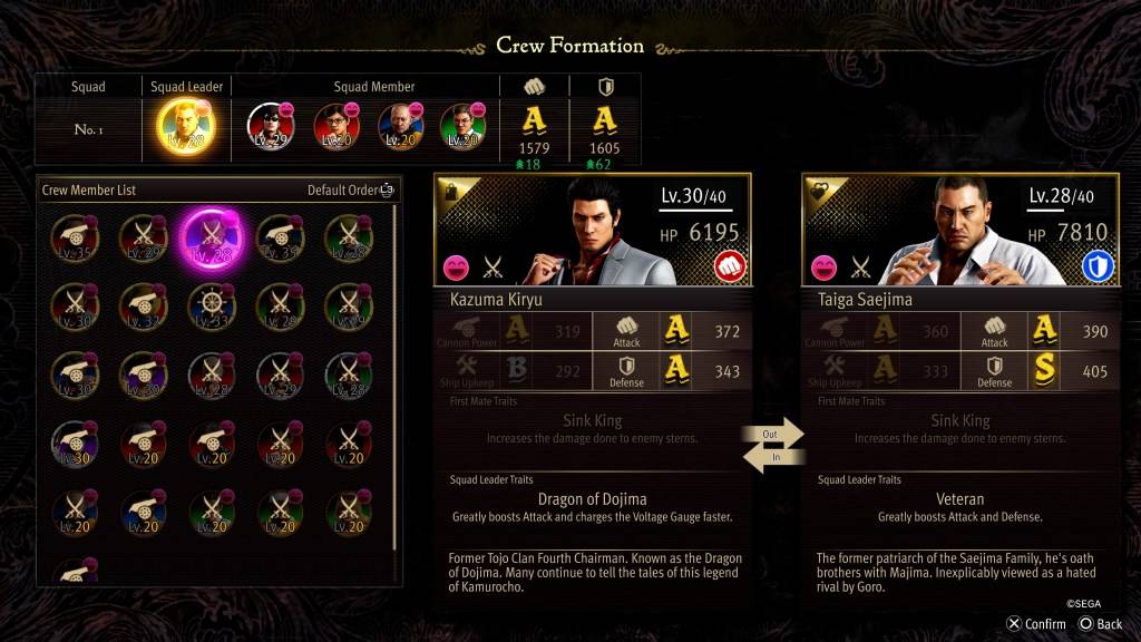 A tela de estatística da Formação da tripulação para Taiga Saejima em como um dragão: pirata yakuza no Havaí