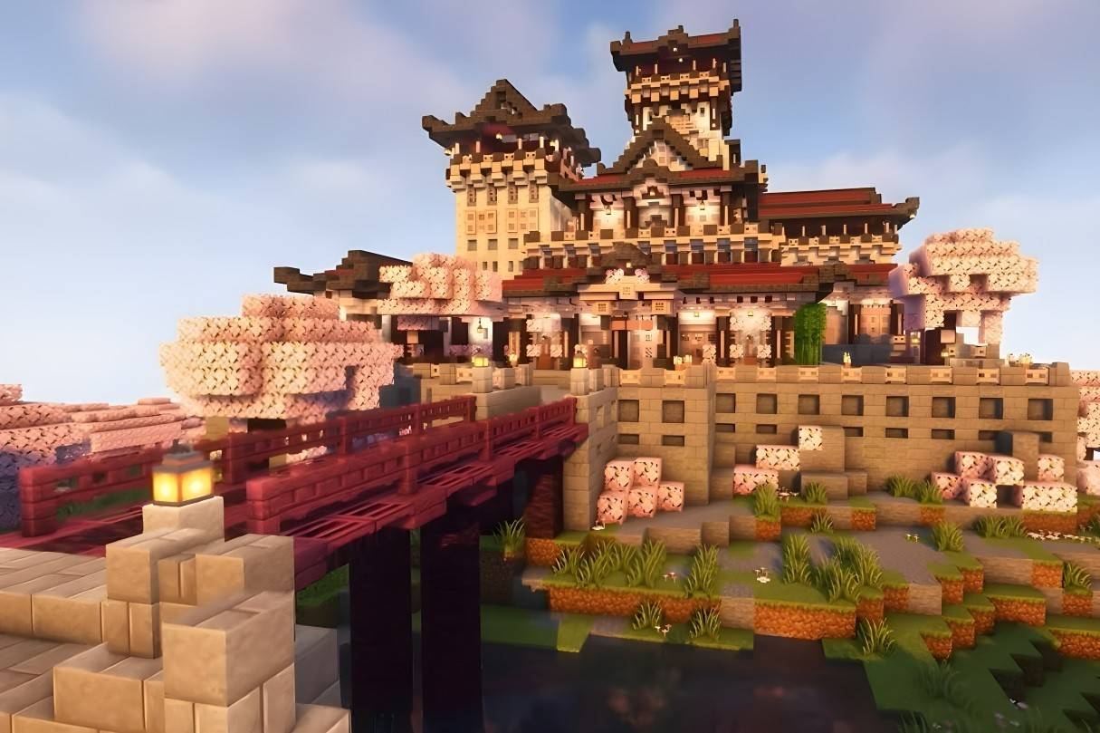 Castillo japonés de cerezo en flor