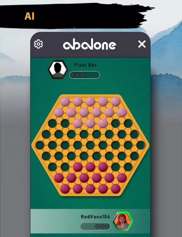 Captura de pantalla mostrando el juego Abalone con un tablero hexagonal y canicas negras versus blancas en posiciones estratégicas