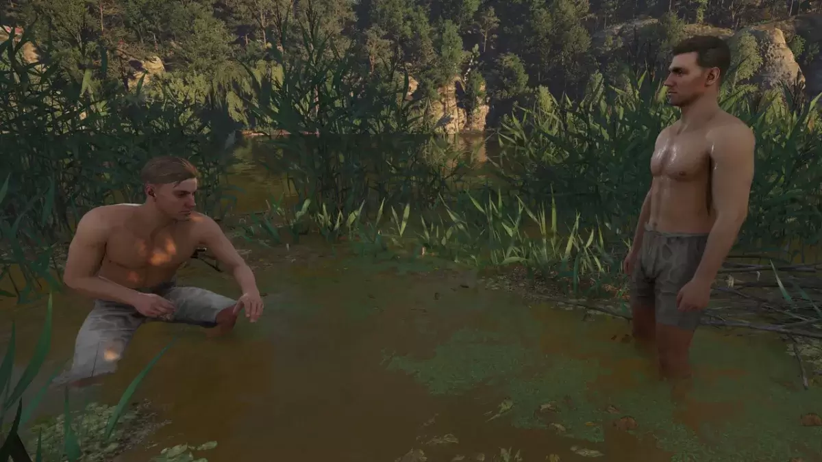 Hans et Henry dans le royaume viennent: Deliverance 2, avec Henry se sont accroupi dans les roseaux, et Henry debout, tous deux dans leur pantalon.