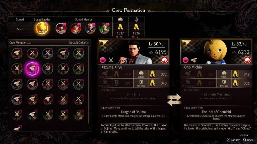 A tela de estatísticas de formação da tripulação para Ono Michio como um dragão: pirata yakuza no Havaí